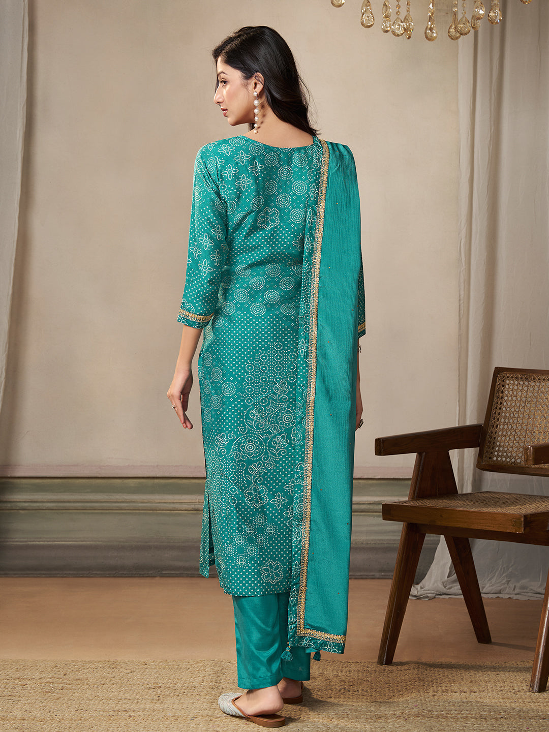 Turquoise Dola Bandhani Printed with Embroidery Kurta Suit Set - qivii