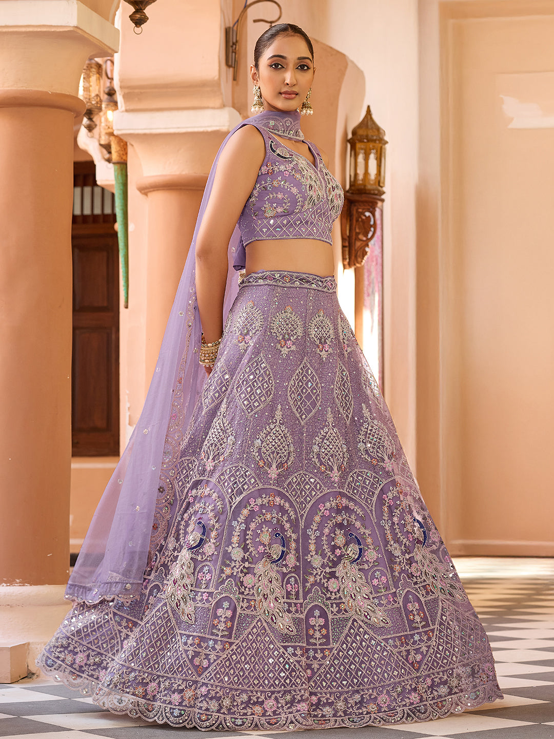 MAUVE - Net Fabric Sequins embroidery Semi-Stitched Lehenga & Unstitched Blouse With Dupatta