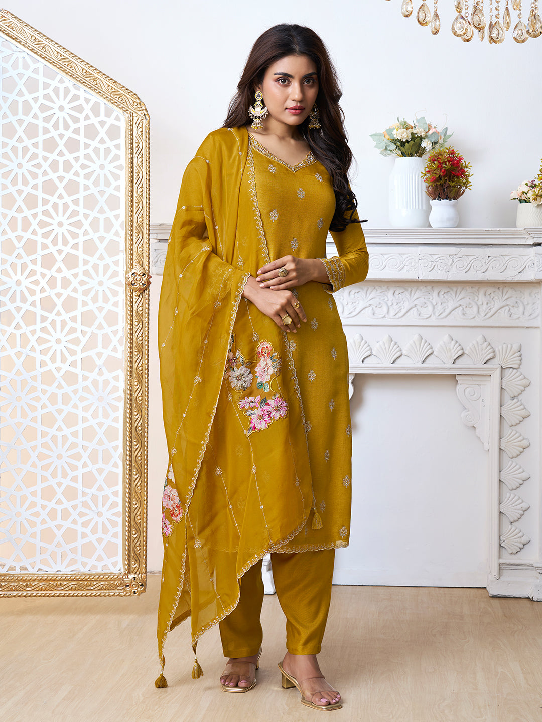 Mustard Yellow Cutwork Neckline Dola Silk Kurta Suit Set with Floral Applique Dupatta - qivii
