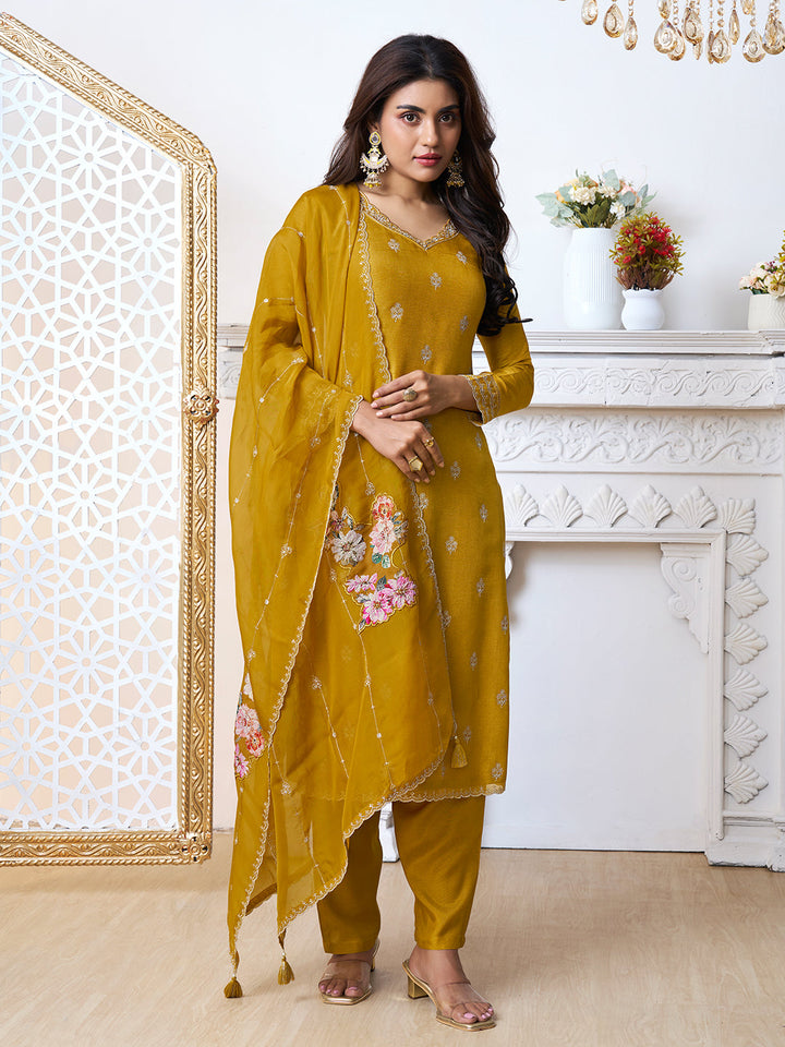 Mustard Yellow Cutwork Neckline Dola Silk Kurta Suit Set with Floral Applique Dupatta - qivii