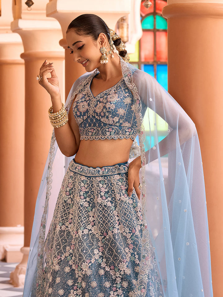 TEAL - Net Fabric Sequins embroidery Semi-Stitched Lehenga & Unstitched Blouse With Dupatta