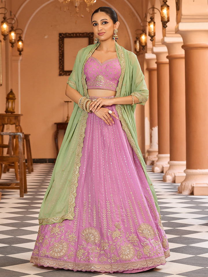 Pink- Tissue Silk Fabric Sequins embroidery Semi-Stitched Lehenga & Unstitched Blouse With Dupatta