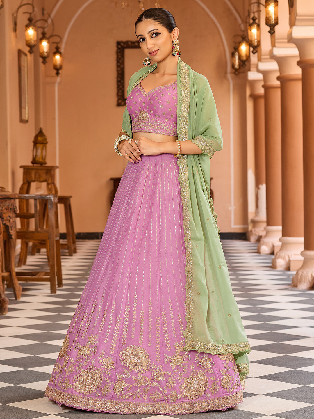 Pink- Tissue Silk Fabric Sequins embroidery Semi-Stitched Lehenga & Unstitched Blouse With Dupatta