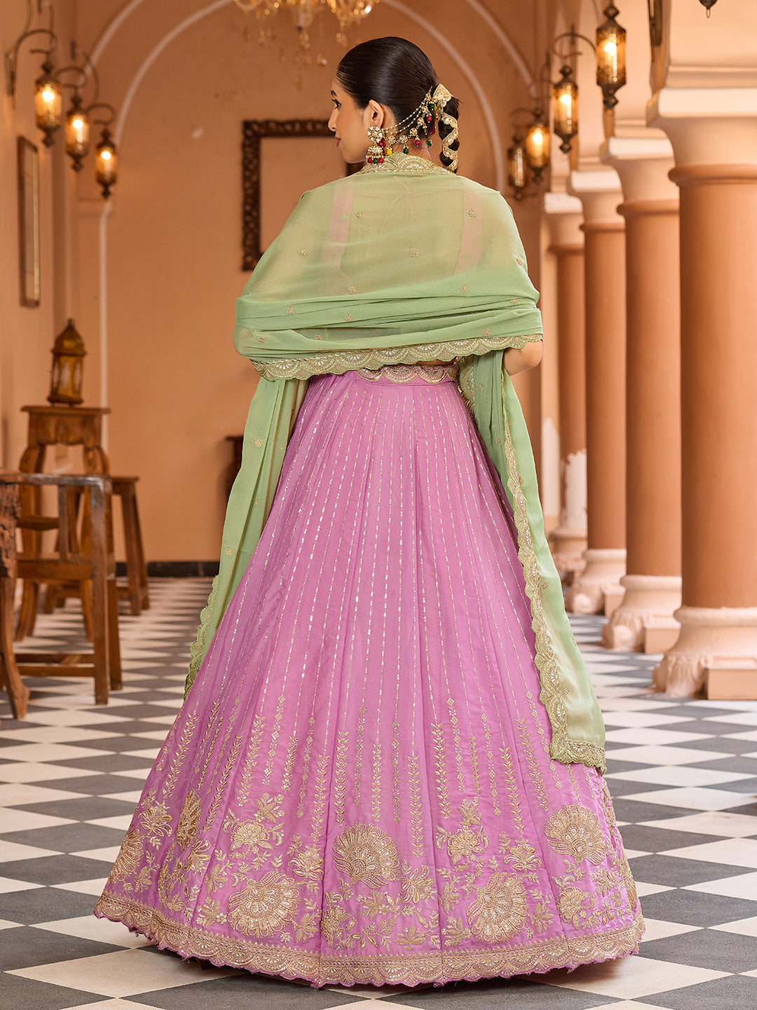 Pink- Tissue Silk Fabric Sequins embroidery Semi-Stitched Lehenga & Unstitched Blouse With Dupatta