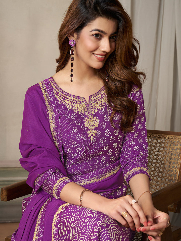 Purple Dola Bandhani Printed with Embroidery Kurta Suit Set - qivii