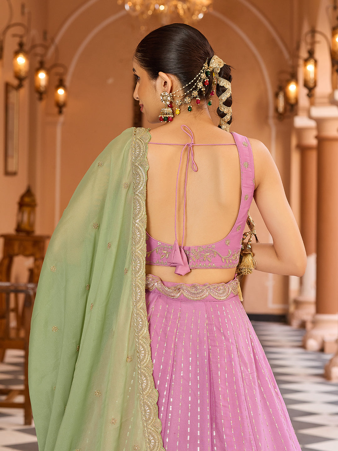 Pink- Tissue Silk Fabric Sequins embroidery Semi-Stitched Lehenga & Unstitched Blouse With Dupatta