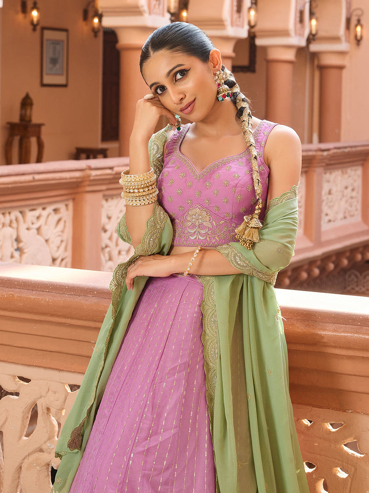 Pink- Tissue Silk Fabric Sequins embroidery Semi-Stitched Lehenga & Unstitched Blouse With Dupatta