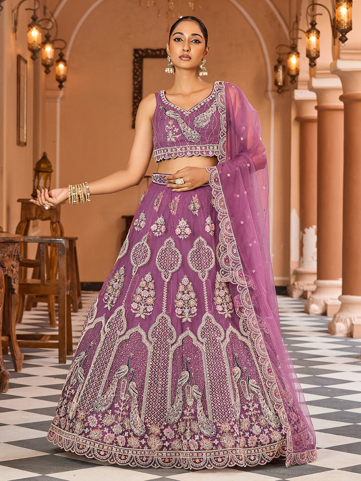 LAVENDER - Net Fabric Sequins embroidery Semi-Stitched Lehenga & Unstitched Blouse With Dupatta