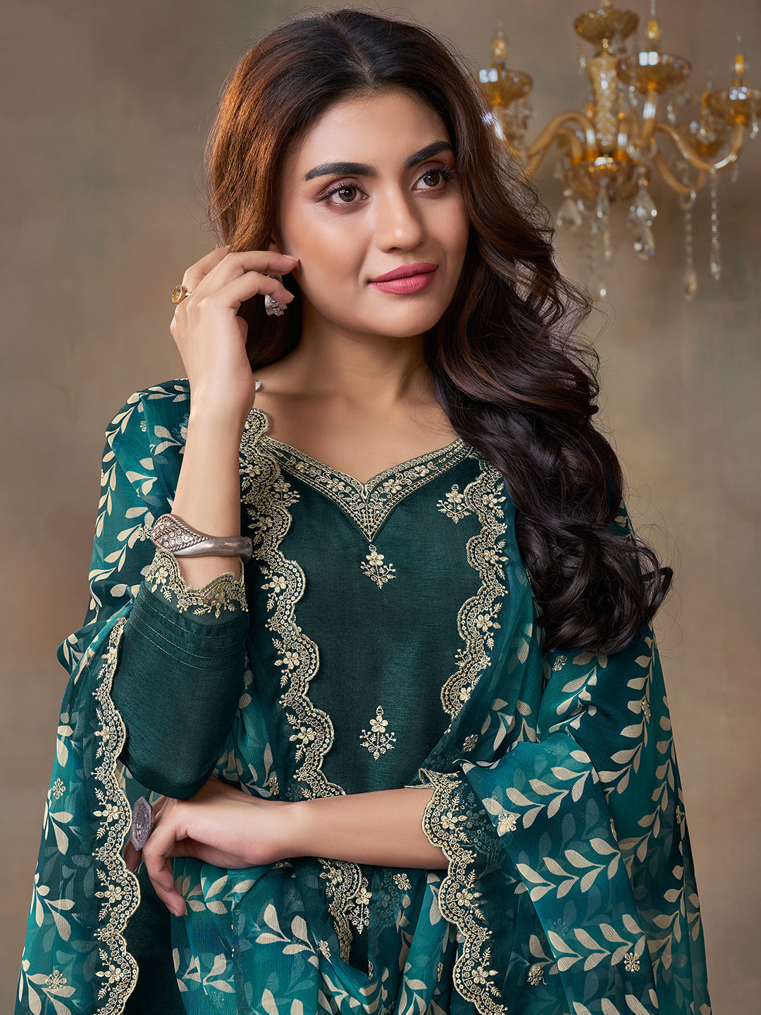 Dark Green Cutwork Neckline Dola Silk Kurta Suit Set with Digital Print Dupatta - qivii