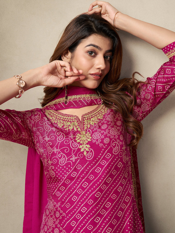 Pink Dola Bandhani Printed with Embroidery Kurta Suit Set - qivii