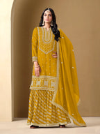 Yellow Art Silk Sharara Suit With Thread & Sequins Embroidery Work
