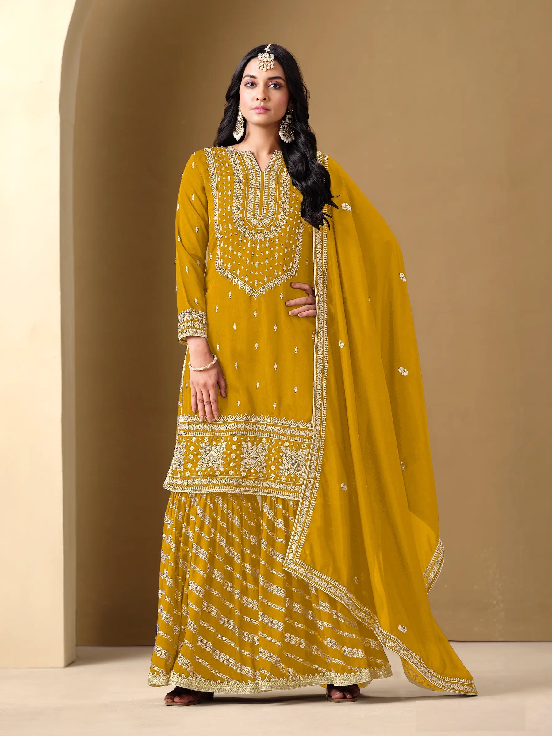 Yellow Art Silk Sharara Suit With Thread & Sequins Embroidery Work