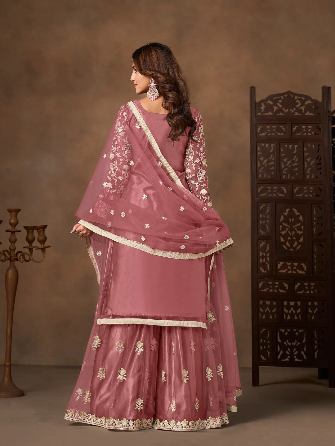 Brownish Pink Net Embroidery Palazzo Suit