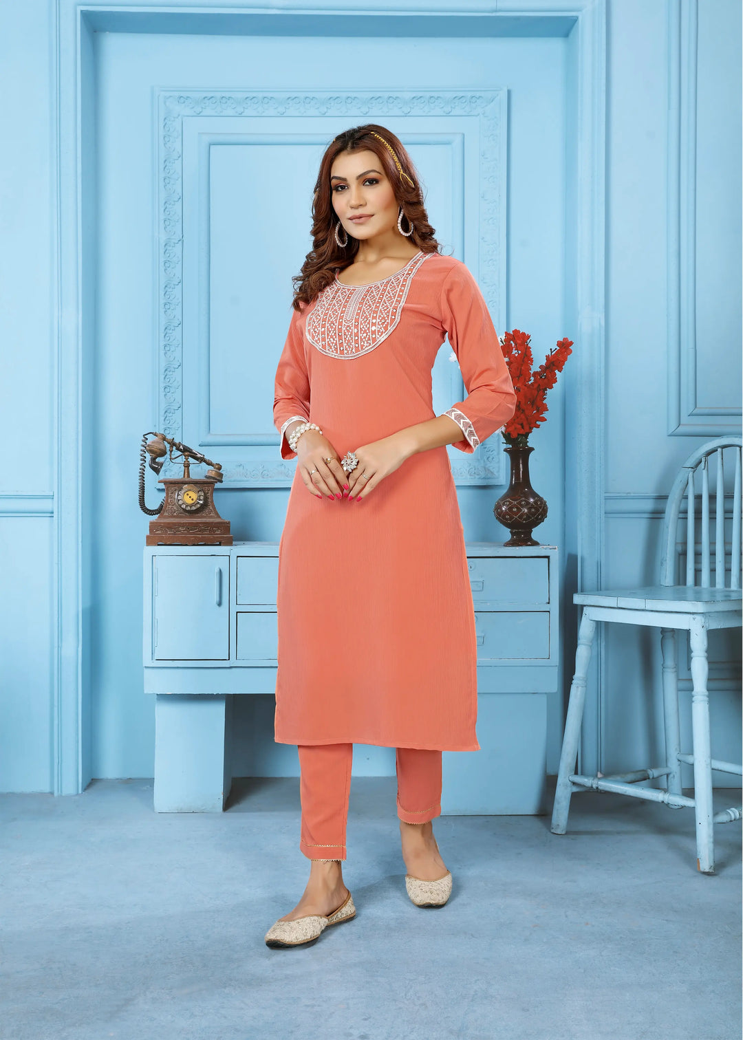 Orange Kurta Set With Embroidery Work - qivii