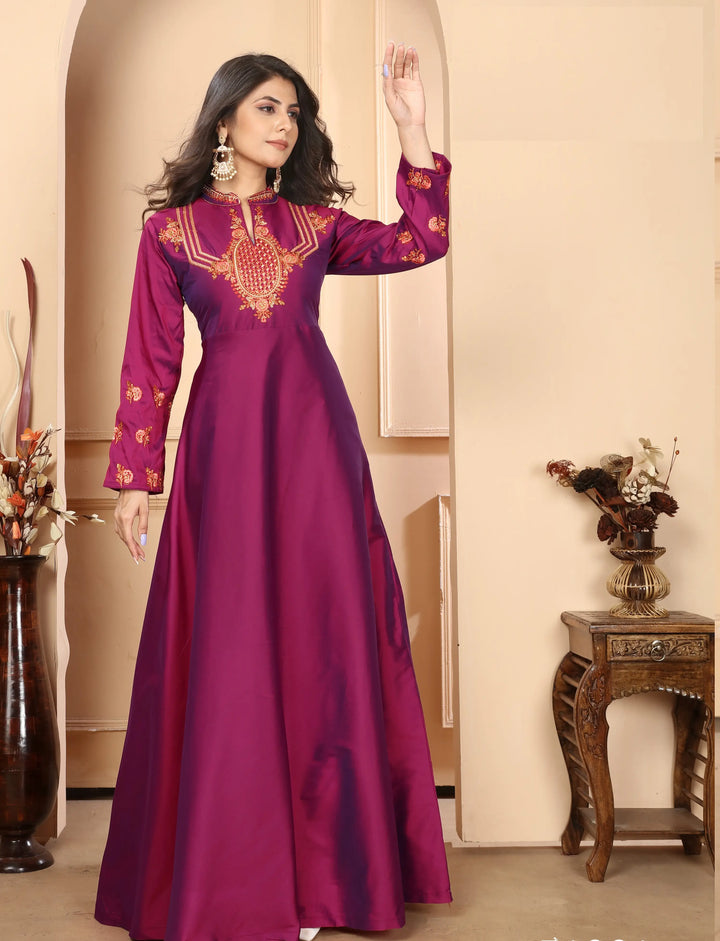 Dark Pink Gown With Heavy Embroidery Work - qivii