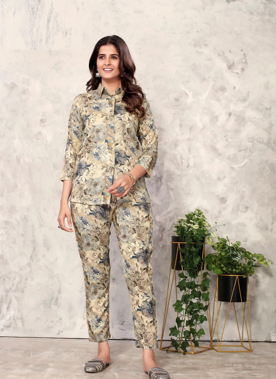 Yellowish Floral Co-ord Set. - qivii