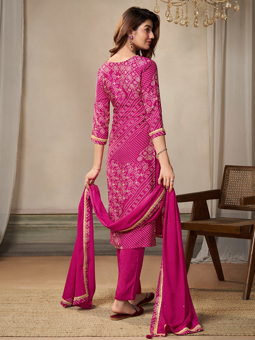 Pink Dola Bandhani Printed with Embroidery Kurta Suit Set - qivii