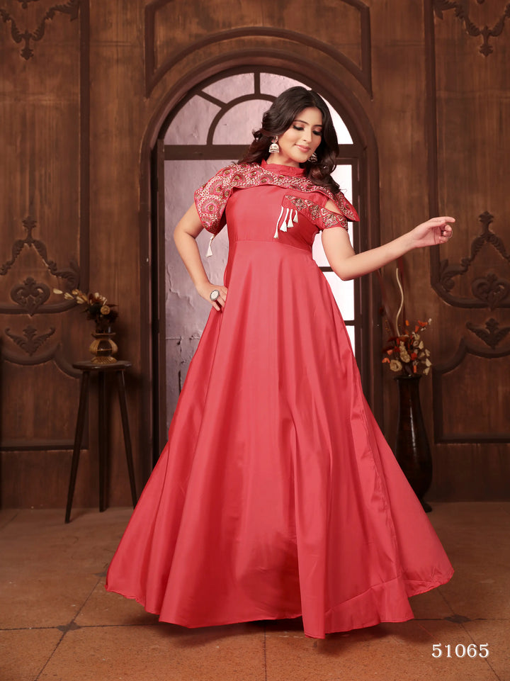 Orange Gown With Heavy Embroidery Work - qivii