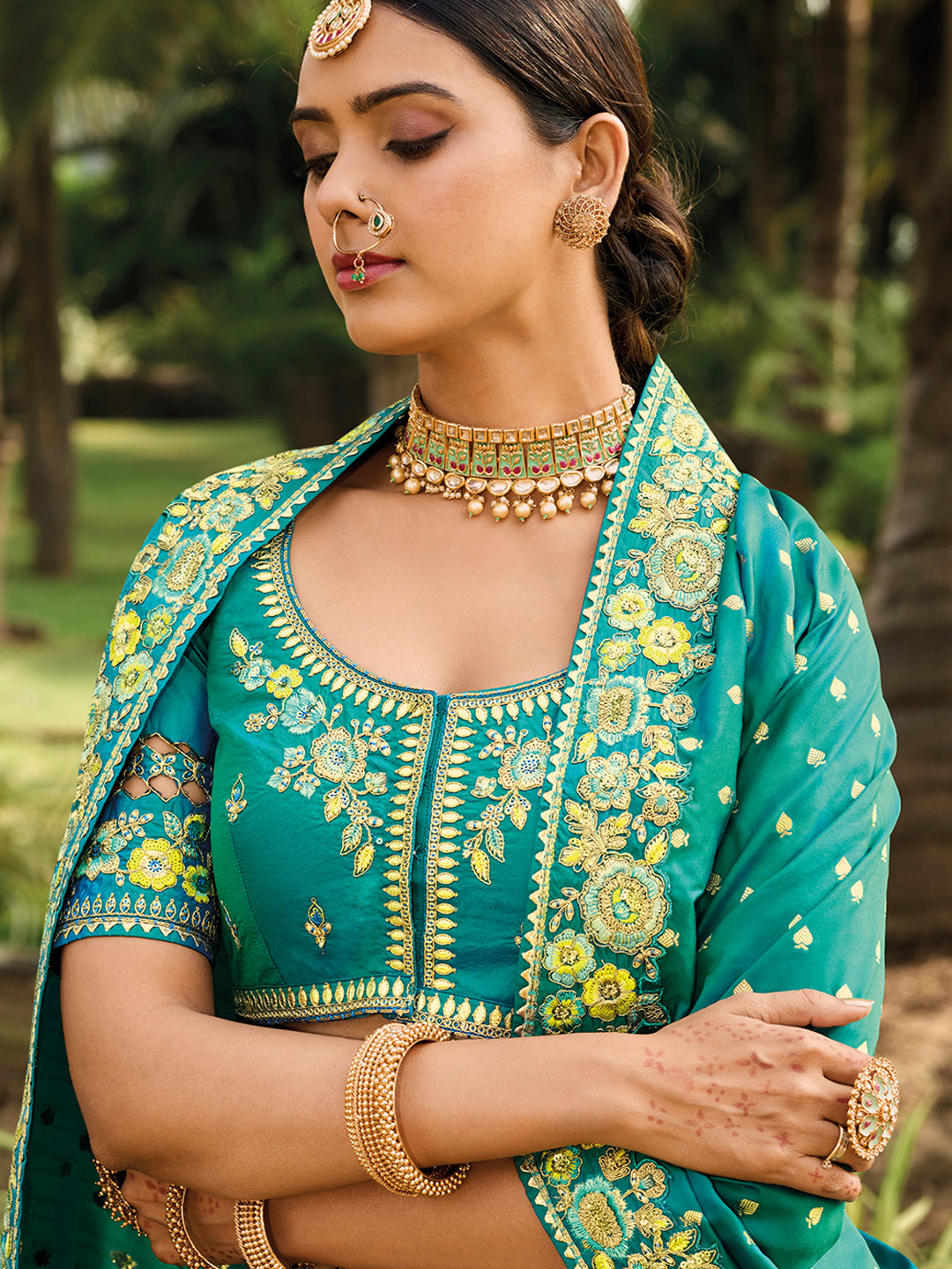 Teal Banarasi Silk Heavy Embroidered Cut Work Semi Stitched Lehenga Choli - qivii