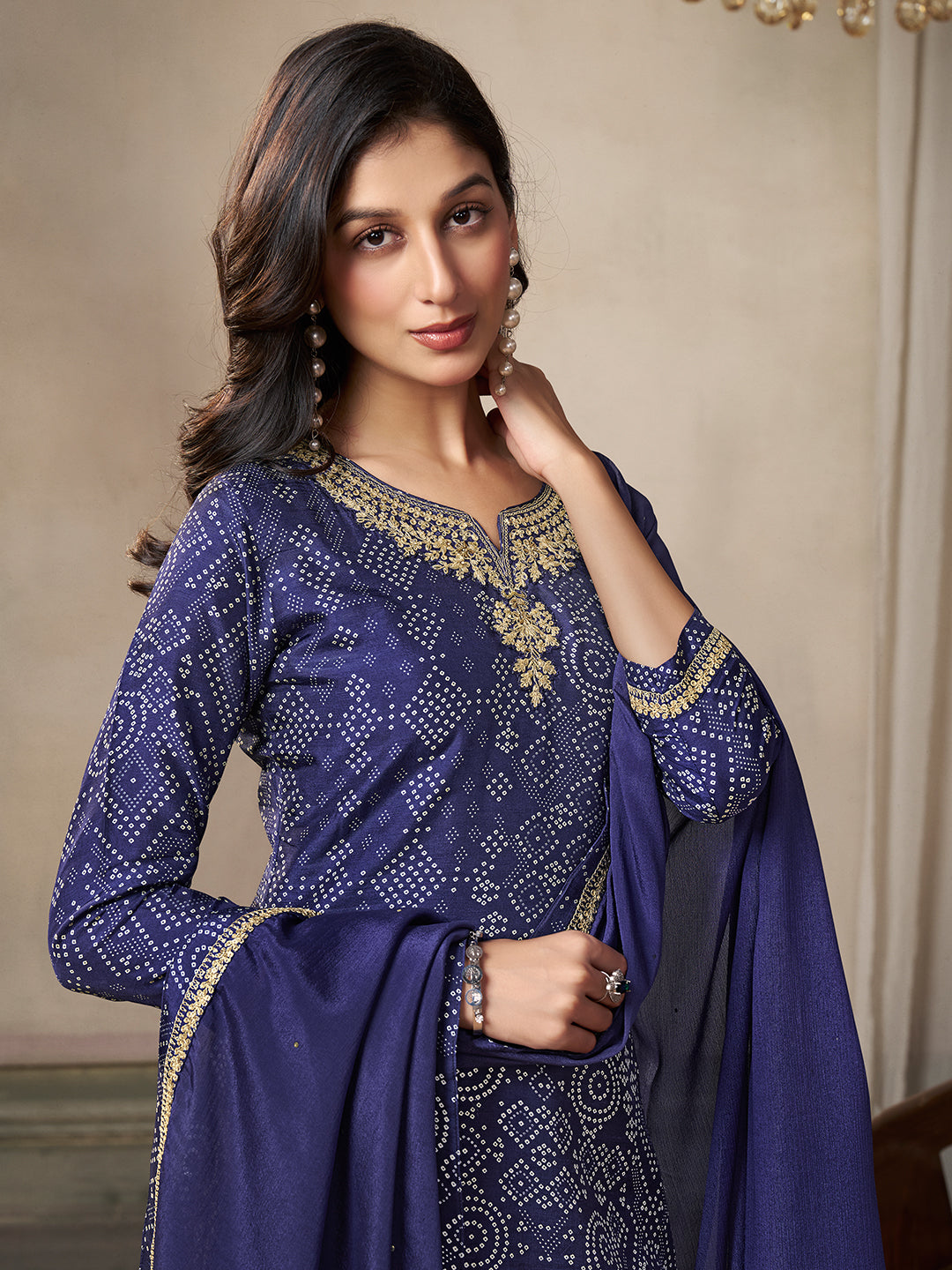 Royal Blue Kurta Set in Dola Bandhani Printed with Embroidery - qivii