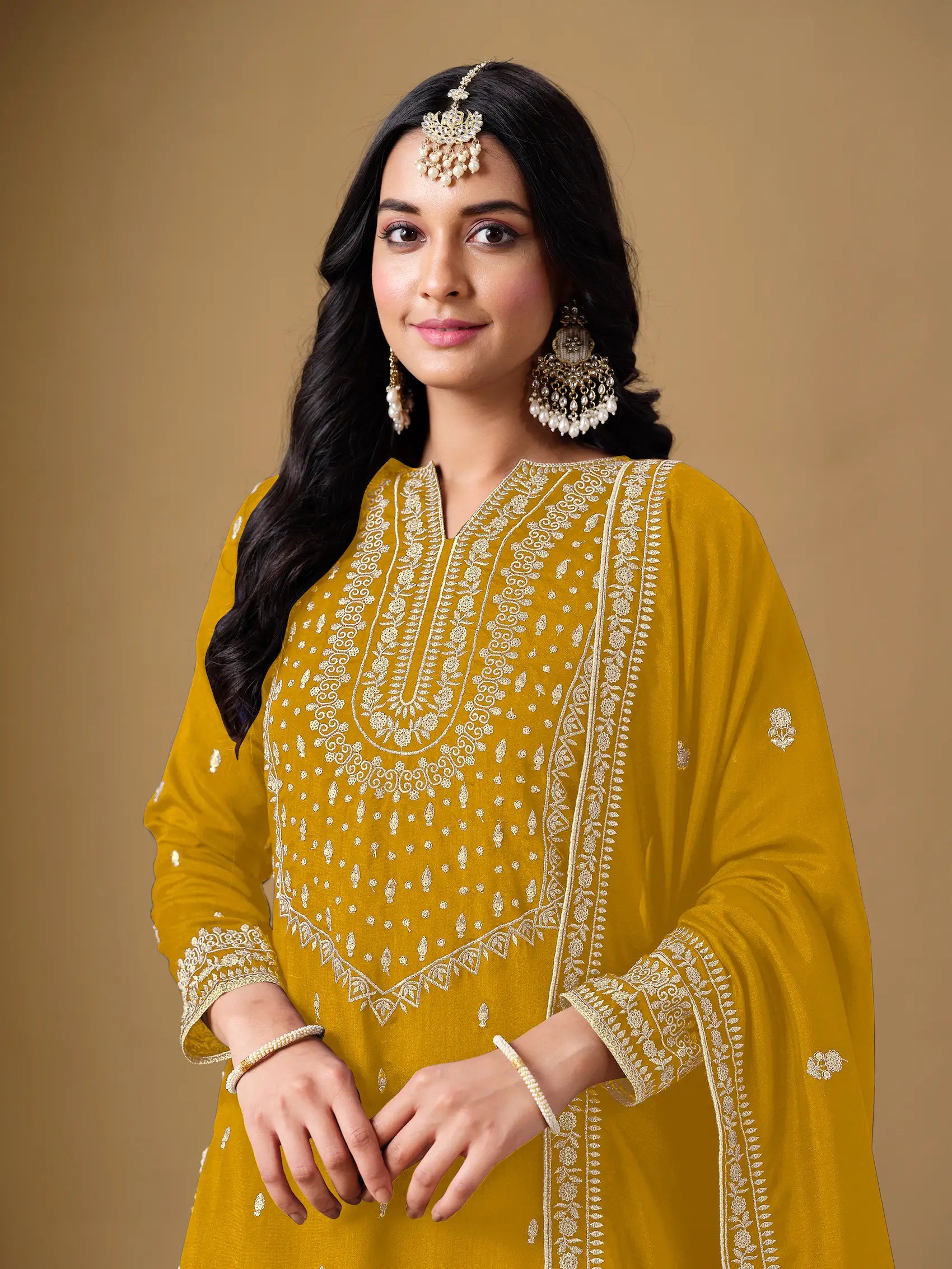 Yellow Art Silk Sharara Suit With Thread & Sequins Embroidery Work