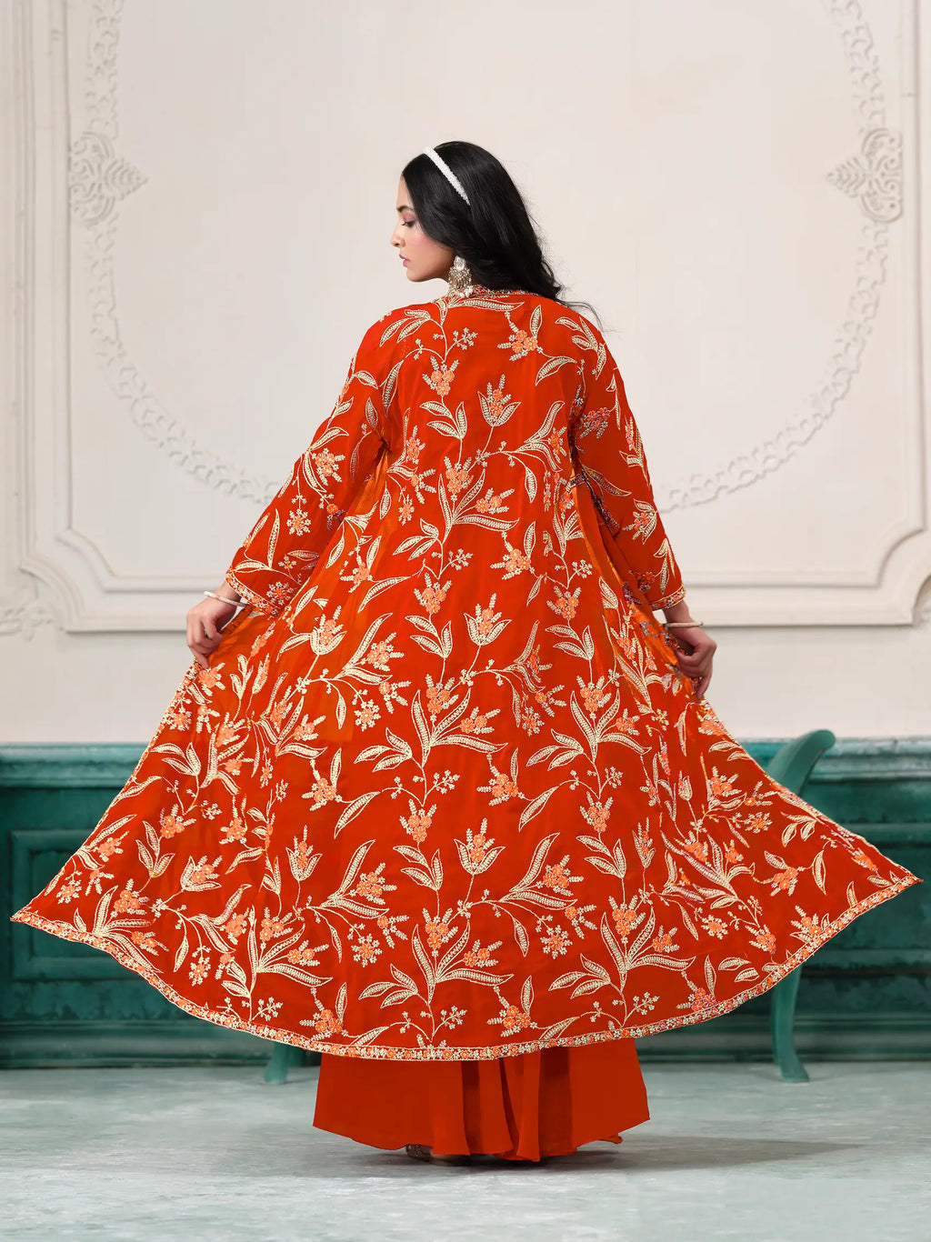 Orange Georgette Indo Western Set With Thread & Sequins Embroidery Work