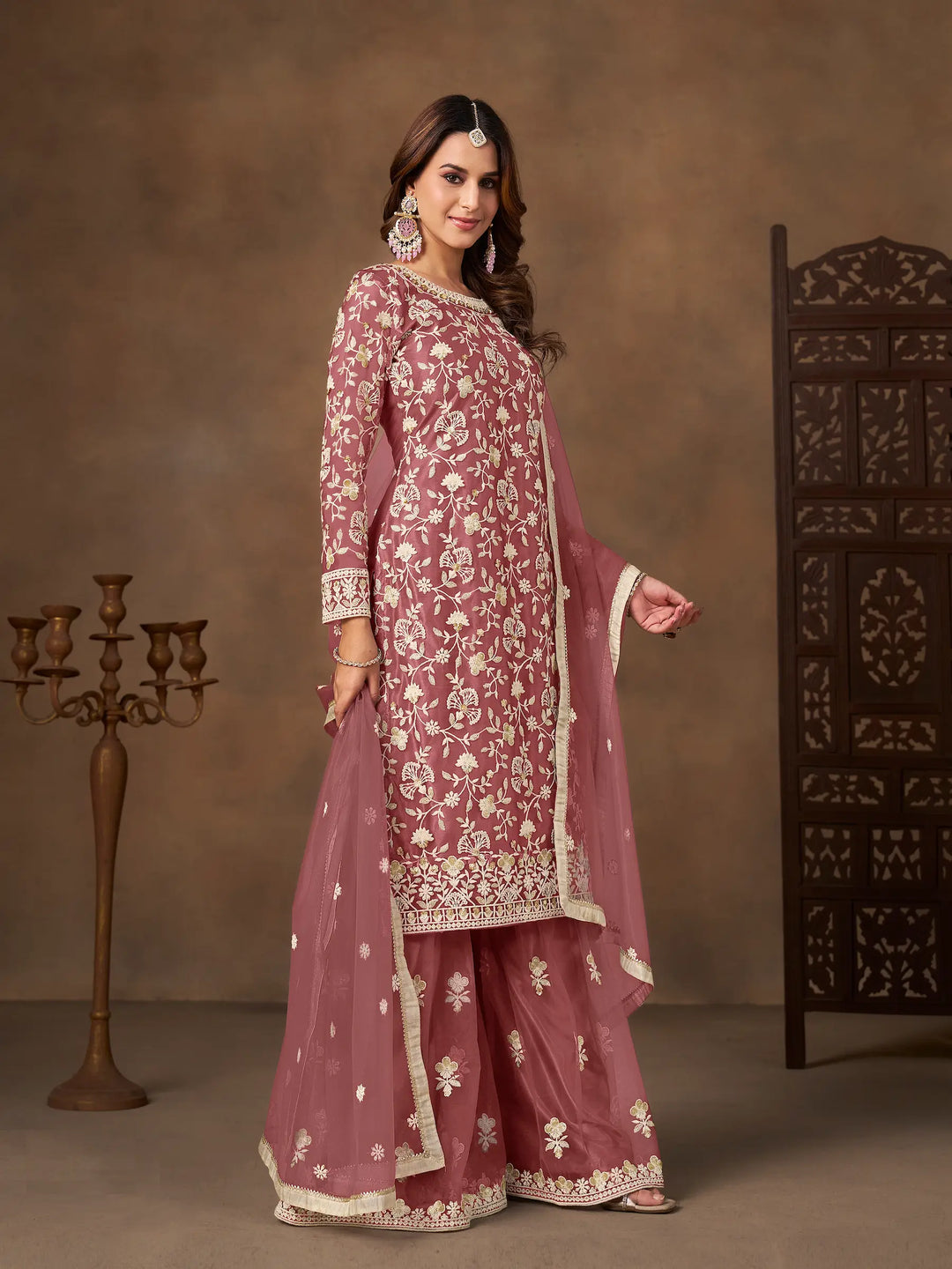 Brownish Pink Net Embroidery Palazzo Suit