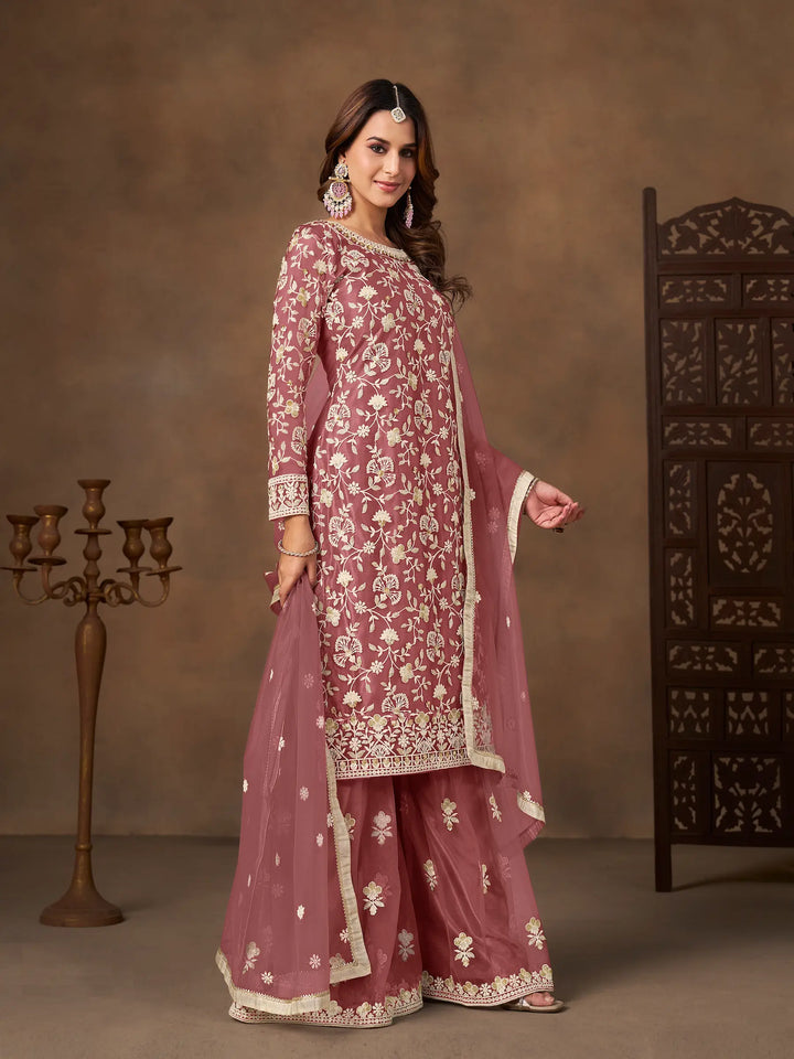 Brownish Pink Net Embroidery Palazzo Suit