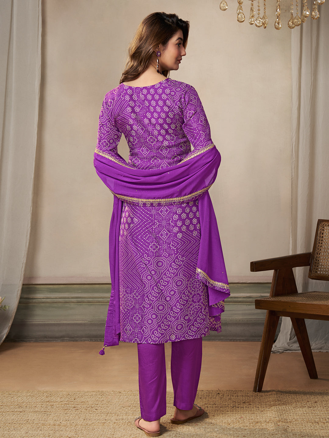 Purple Dola Bandhani Printed with Embroidery Kurta Suit Set - qivii