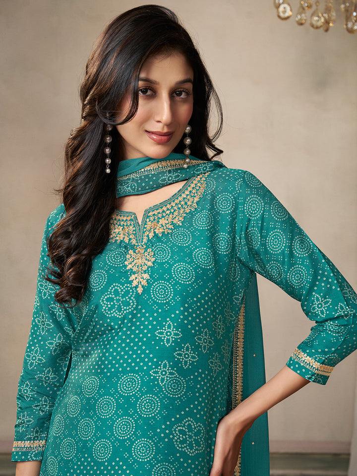 Turquoise Dola Bandhani Printed with Embroidery Kurta Suit Set - qivii