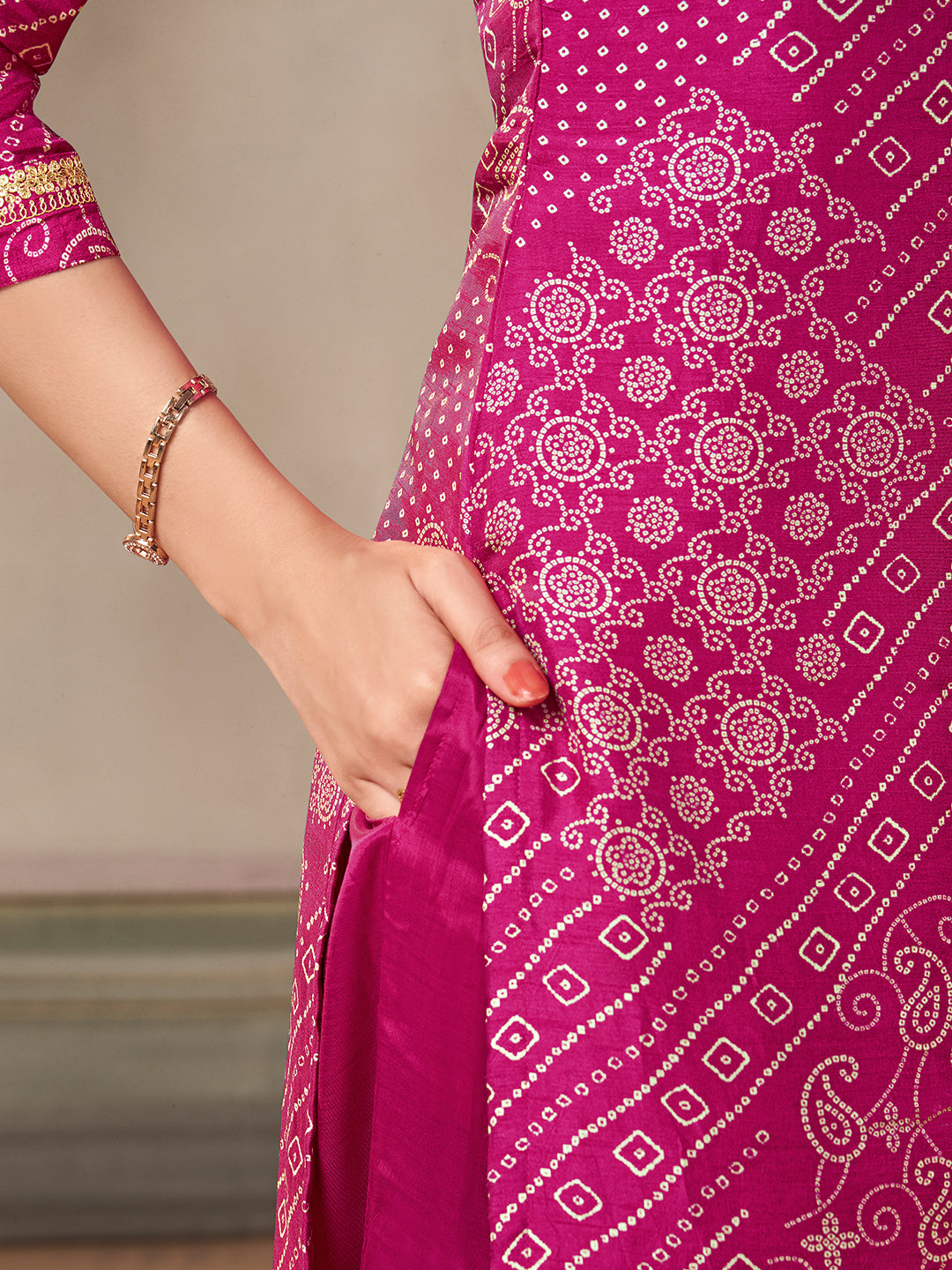 Pink Dola Bandhani Printed with Embroidery Kurta Suit Set - qivii