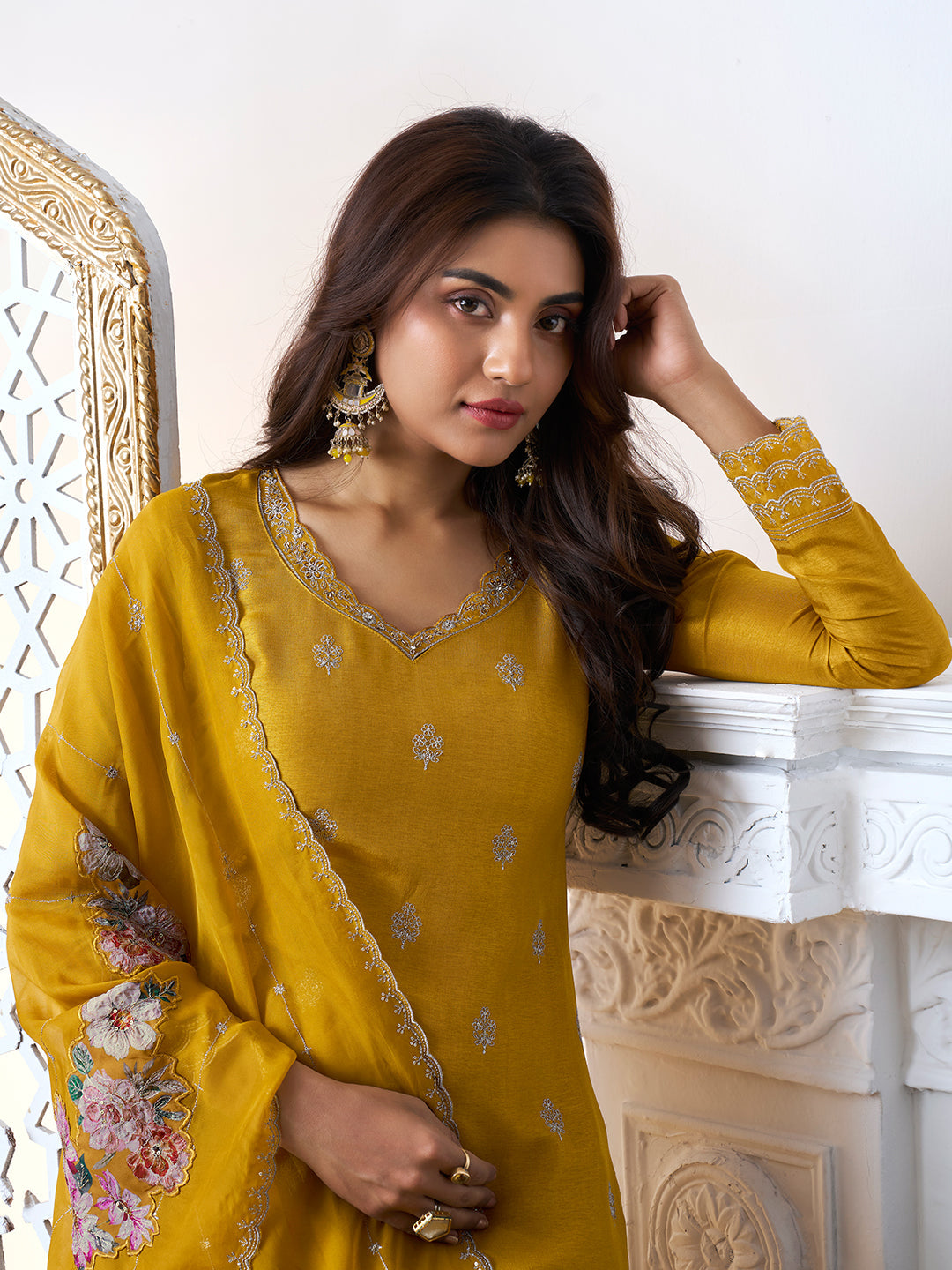 Mustard Yellow Cutwork Neckline Dola Silk Kurta Suit Set with Floral Applique Dupatta - qivii