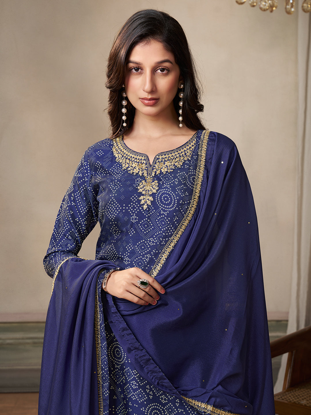 Royal Blue Kurta Set in Dola Bandhani Printed with Embroidery - qivii