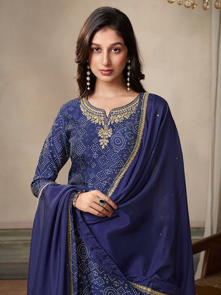 Royal Blue Kurta Set in Dola Bandhani Printed with Embroidery - qivii