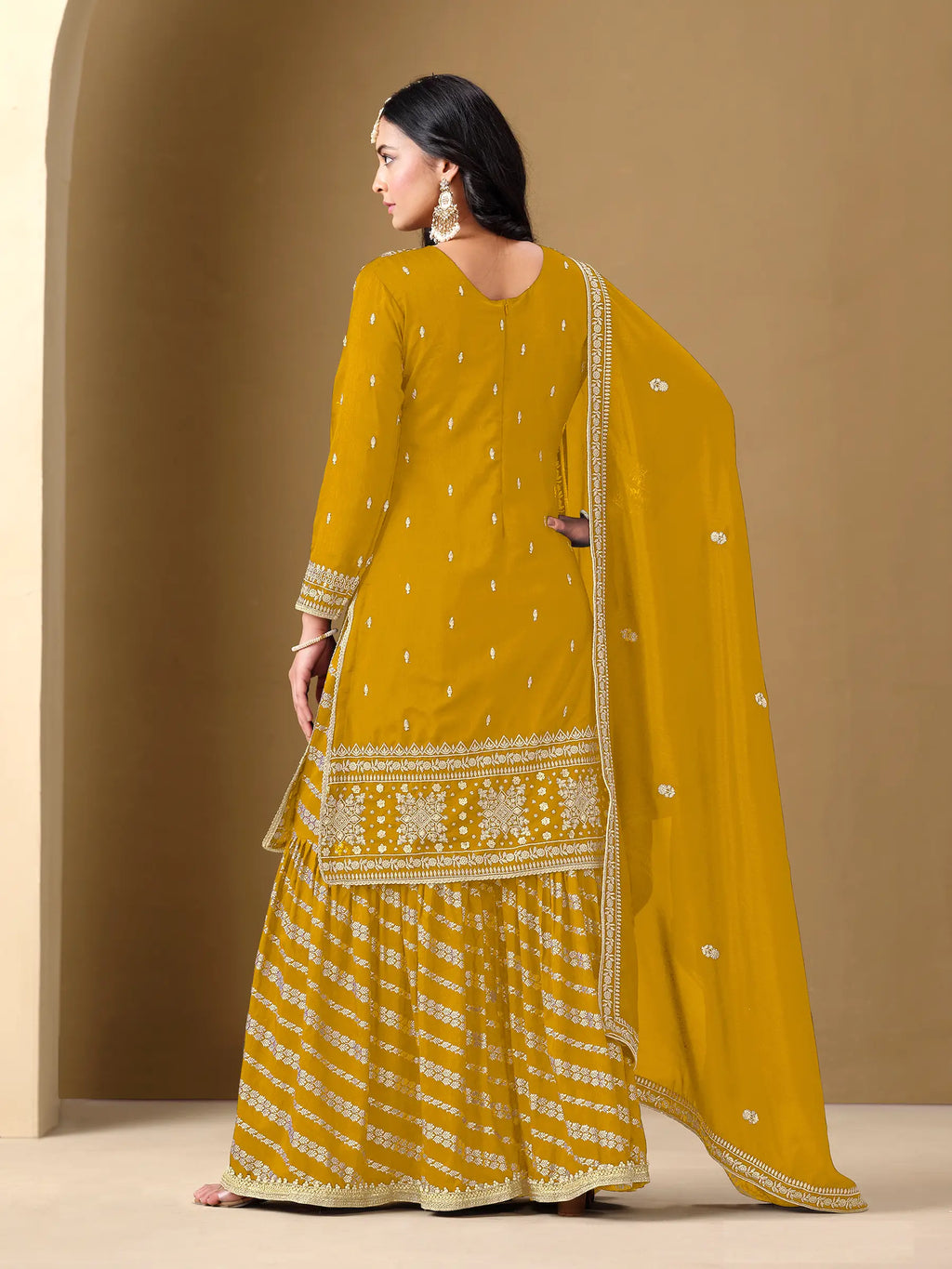 Yellow Art Silk Sharara Suit With Thread & Sequins Embroidery Work