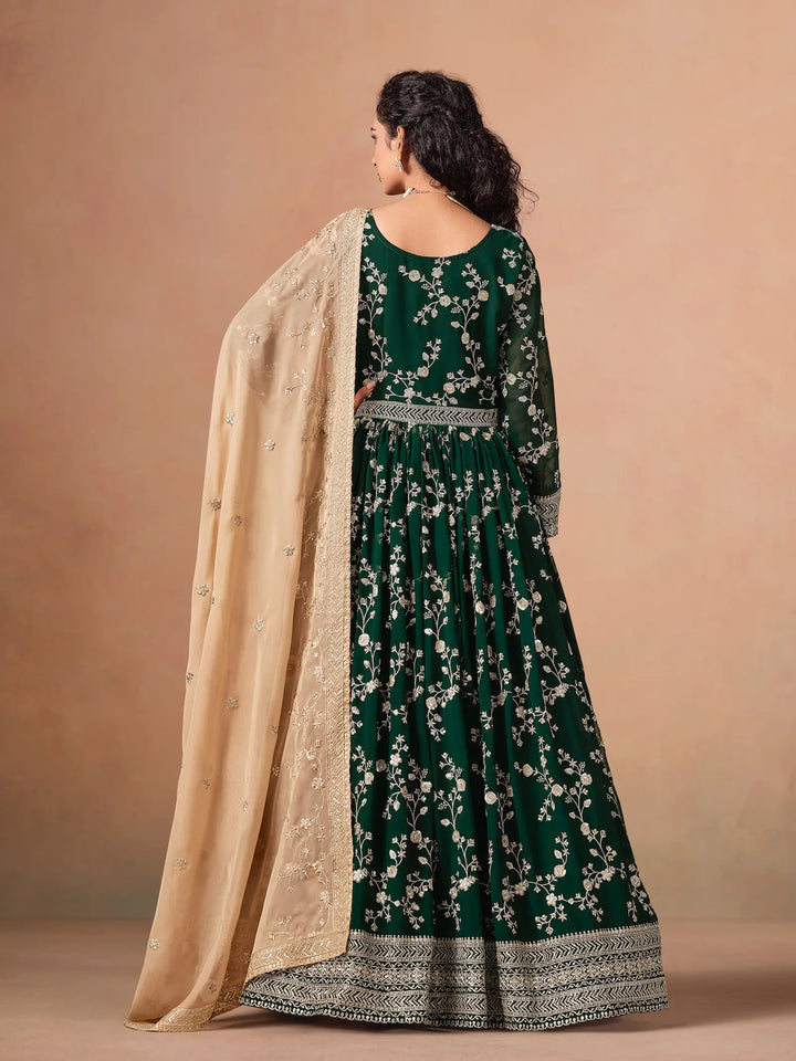 Green Georgette Embroidery Gown With Organza Dupatta - qivii