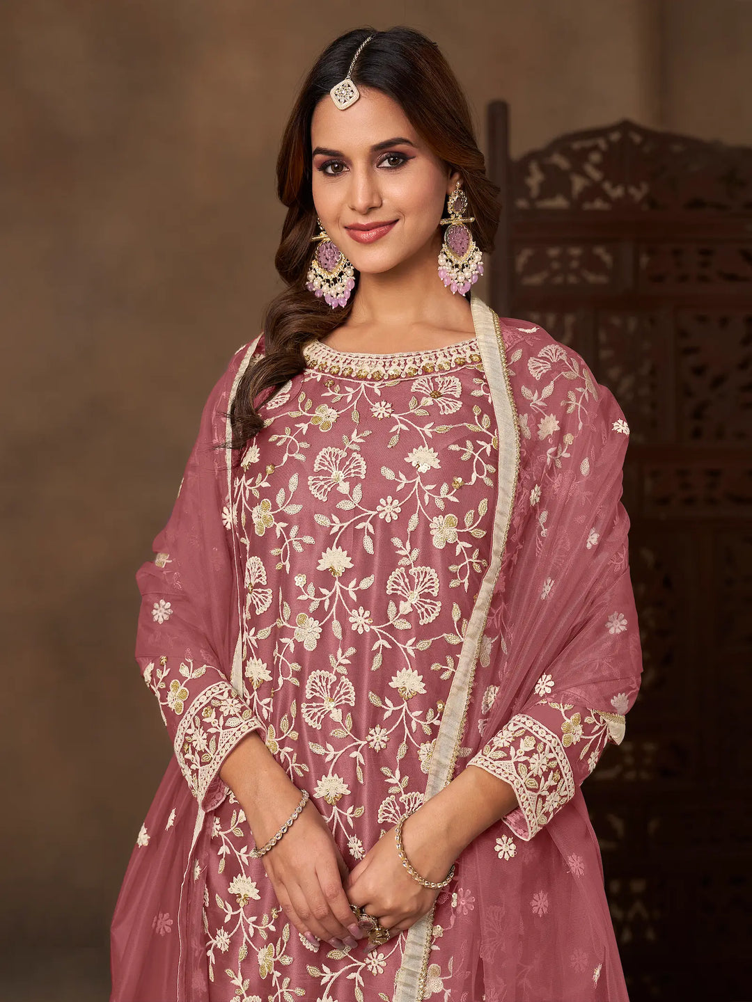 Brownish Pink Net Embroidery Palazzo Suit