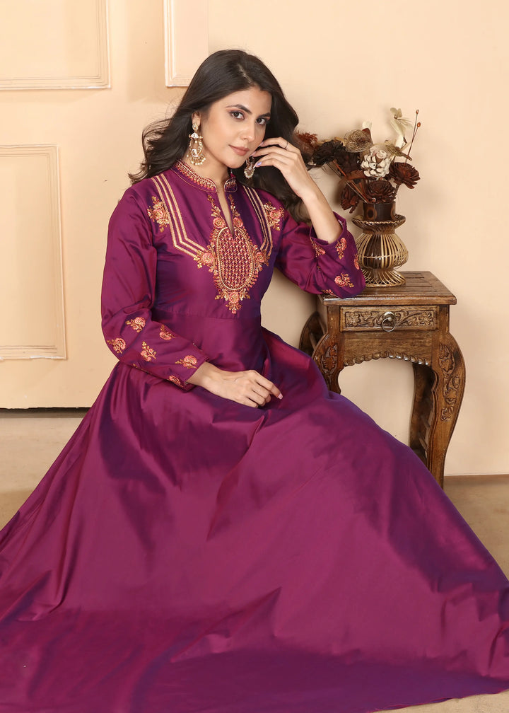 Dark Pink Gown With Heavy Embroidery Work - qivii