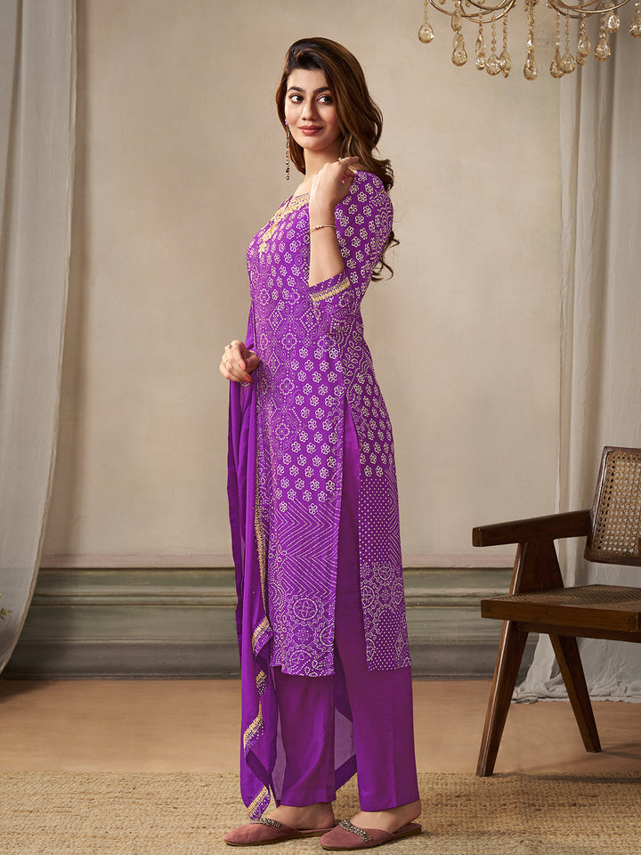Purple Dola Bandhani Printed with Embroidery Kurta Suit Set - qivii