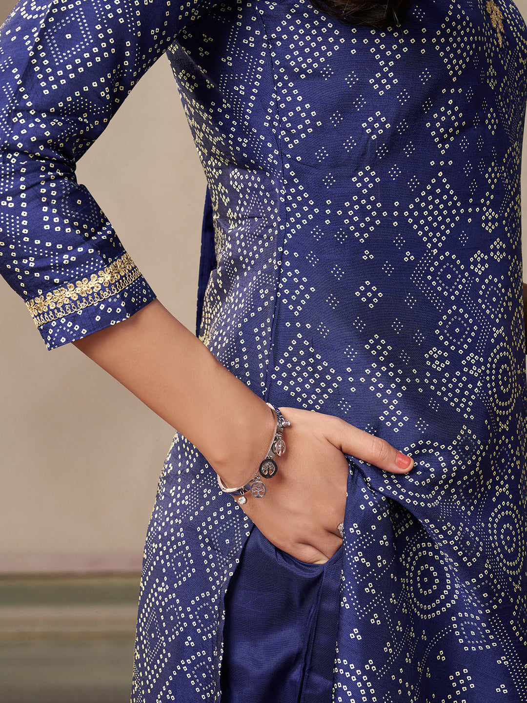 Royal Blue Kurta Set in Dola Bandhani Printed with Embroidery - qivii