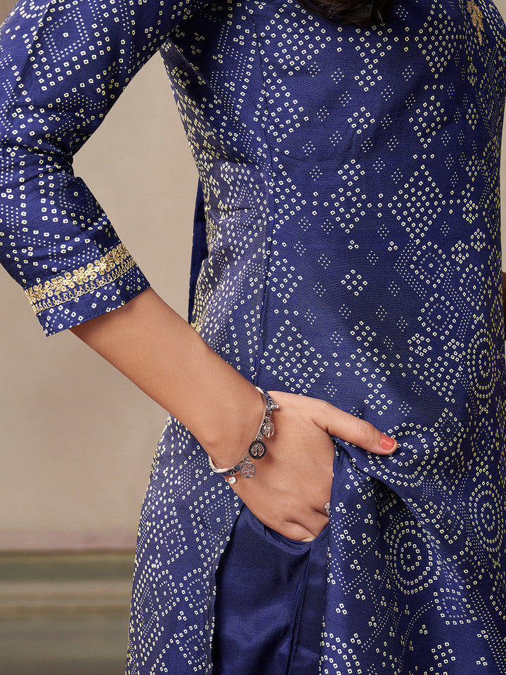 Royal Blue Kurta Set in Dola Bandhani Printed with Embroidery - qivii