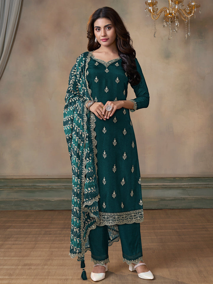 Dark Green Cutwork Neckline Dola Silk Kurta Suit Set with Digital Print Dupatta - qivii