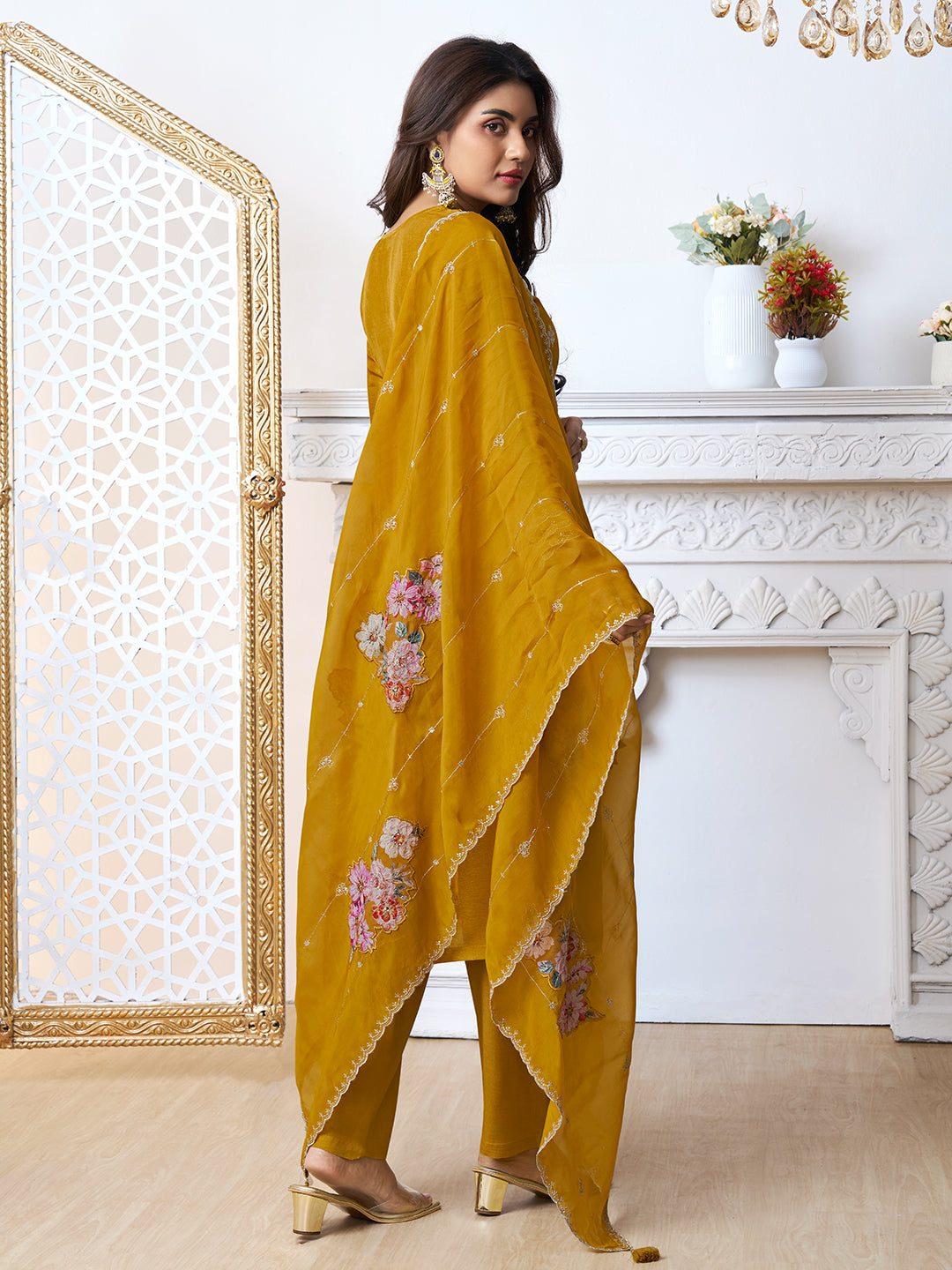 Mustard Yellow Cutwork Neckline Dola Silk Kurta Suit Set with Floral Applique Dupatta - qivii