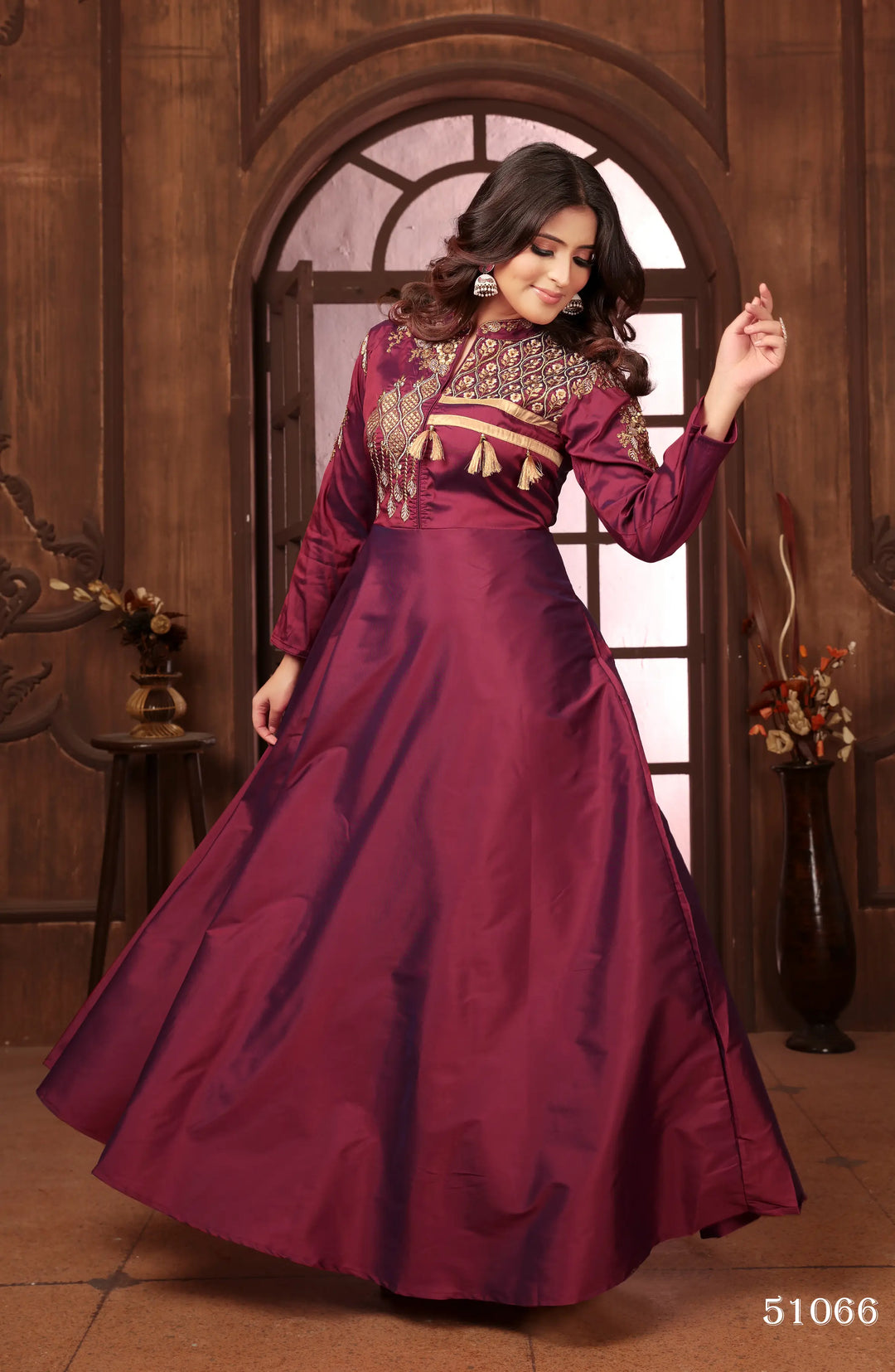 Maroon Red Gown With Heavy Embroidery Work - qivii