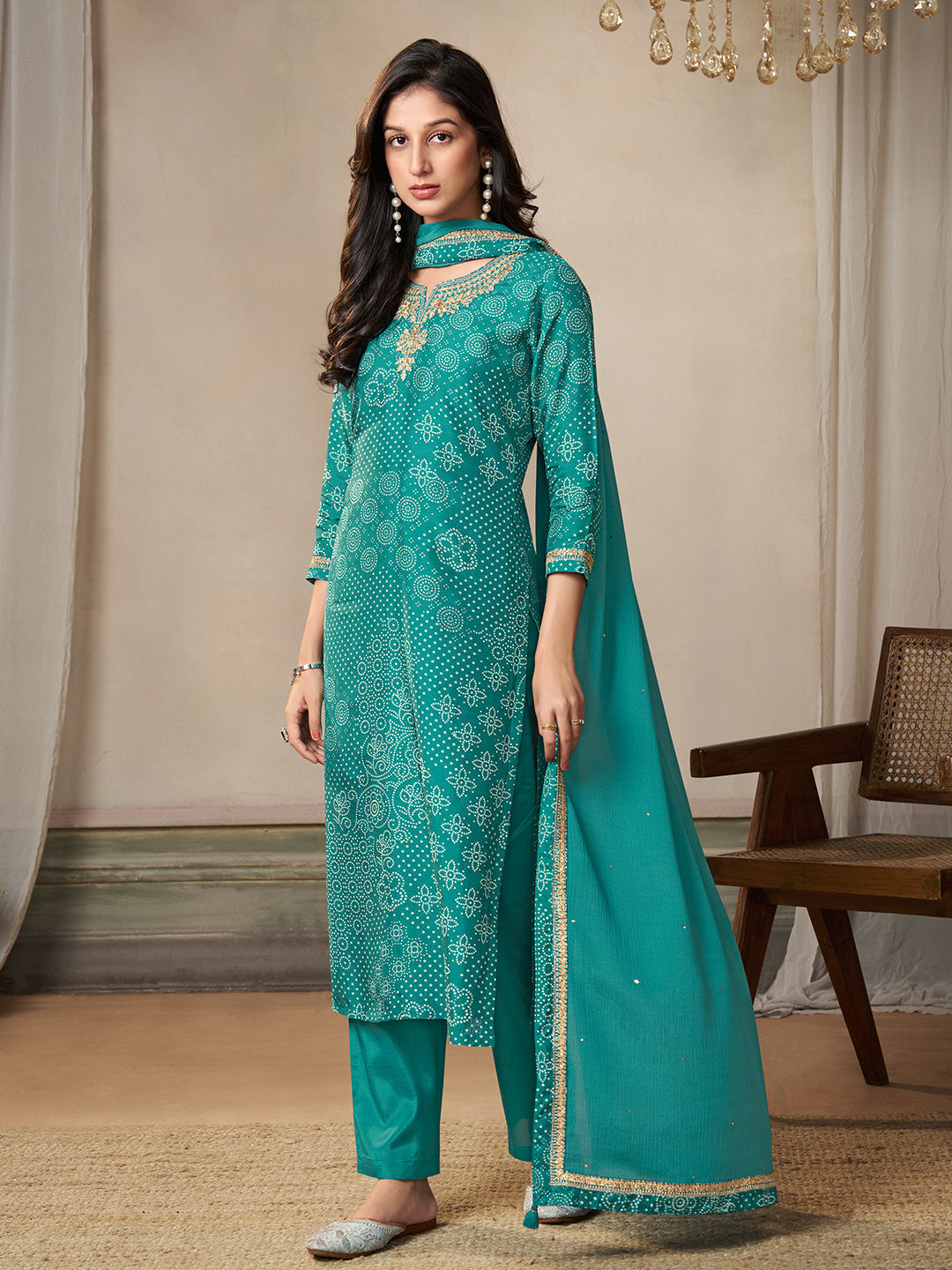 Turquoise Dola Bandhani Printed with Embroidery Kurta Suit Set - qivii