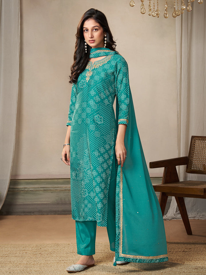 Turquoise Dola Bandhani Printed with Embroidery Kurta Suit Set - qivii