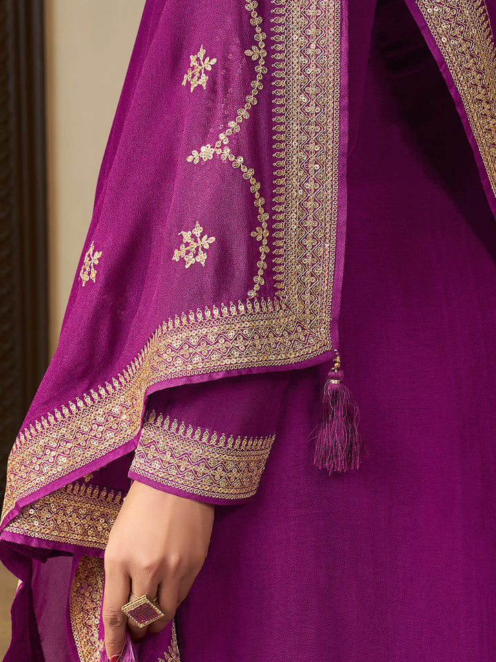 Purple Chinon Floral Jacquard Embroidered Top with Palazzo Suit Set - qivii