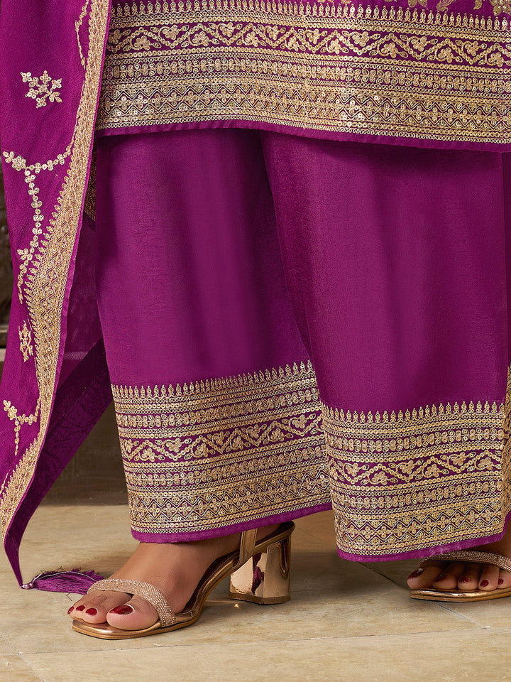 Purple Chinon Floral Jacquard Embroidered Top with Palazzo Suit Set - qivii