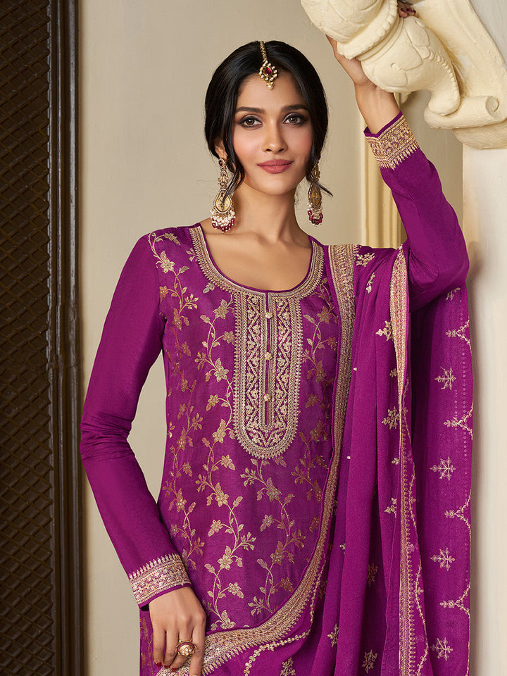 Purple Chinon Floral Jacquard Embroidered Top with Palazzo Suit Set - qivii