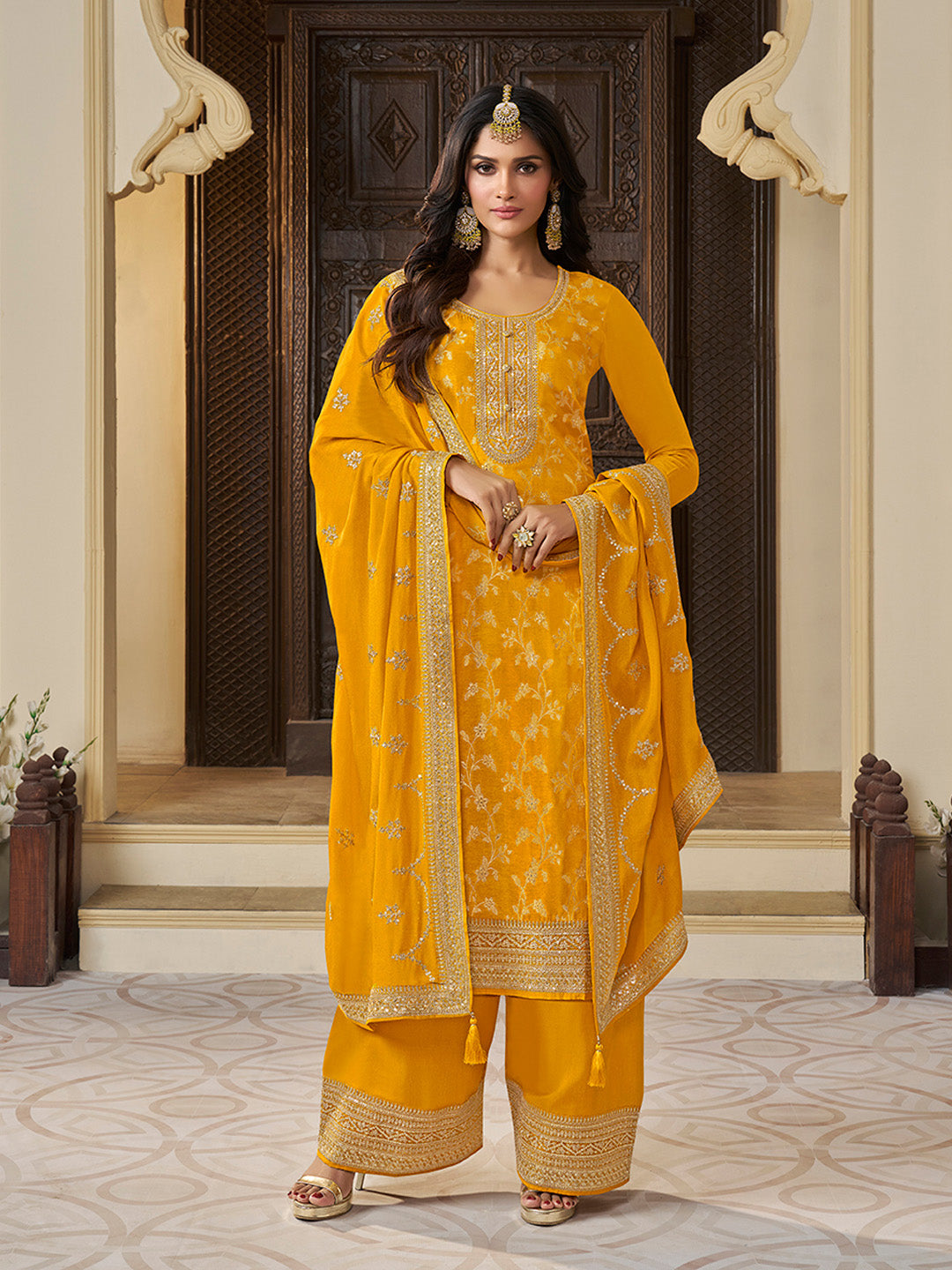 Yellow Chinon Floral Jacquard Embroidered Top with Palazzo Suit Set - qivii